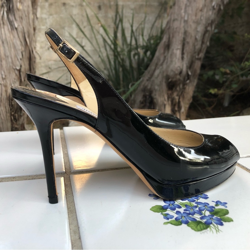 Jimmy Choo Size 39.5 9.5 Black Patent Leather Peep Toe Sling Back Heel Pumps - Picture 1 of 9